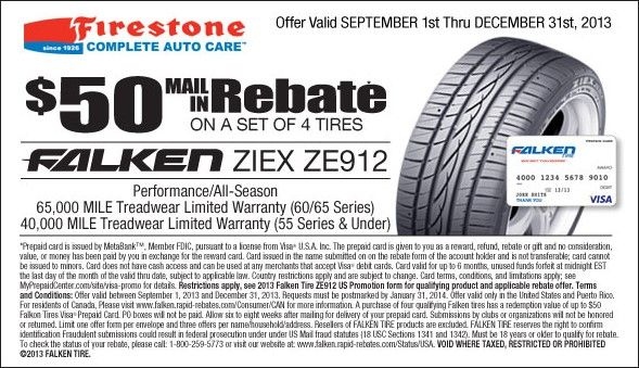 50 Mail In Rebate On Set Of 4 Tires Falken Ziex ZE912 Coupon