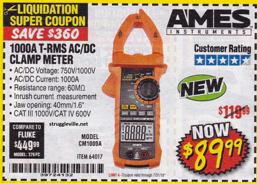 Ames 1000A T RMS AC DC Clamp Meter Expires 7 31 18 64017