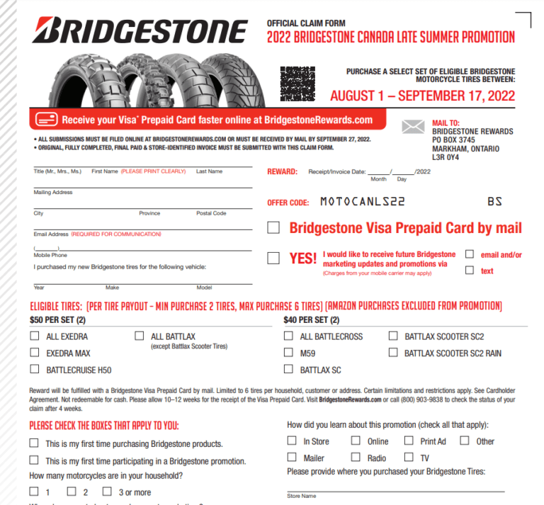 Bridgestone Tire Rebate Motorcycle Printable Rebate Form