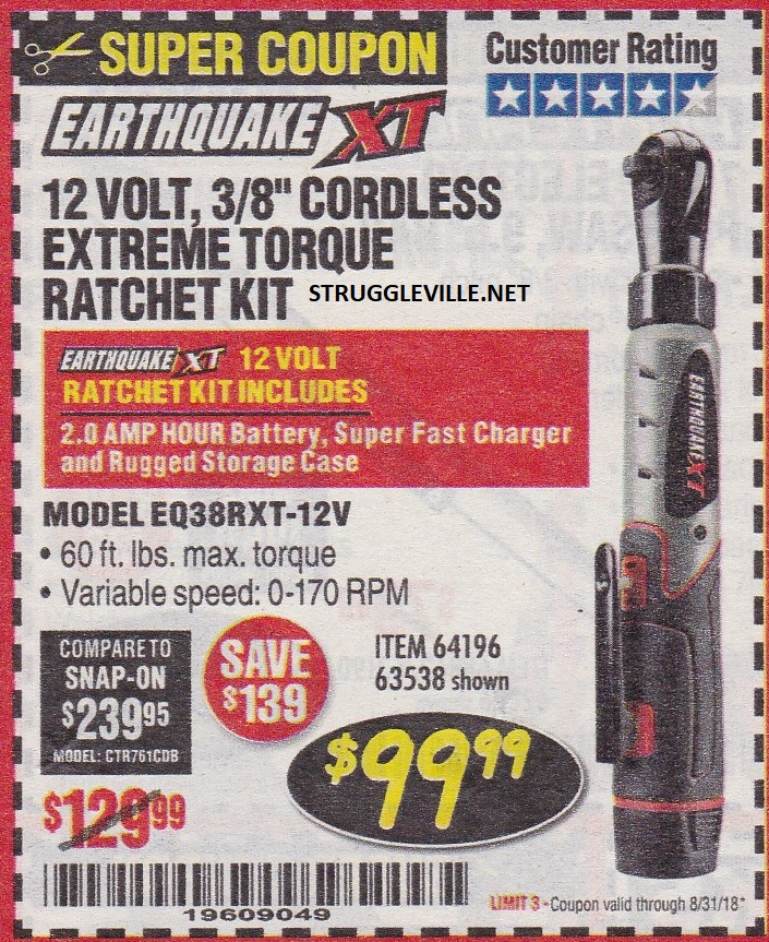 Earthquake XT 12 Volt 3 8 Cordless Ratchet Kit Expires 8 31 18 