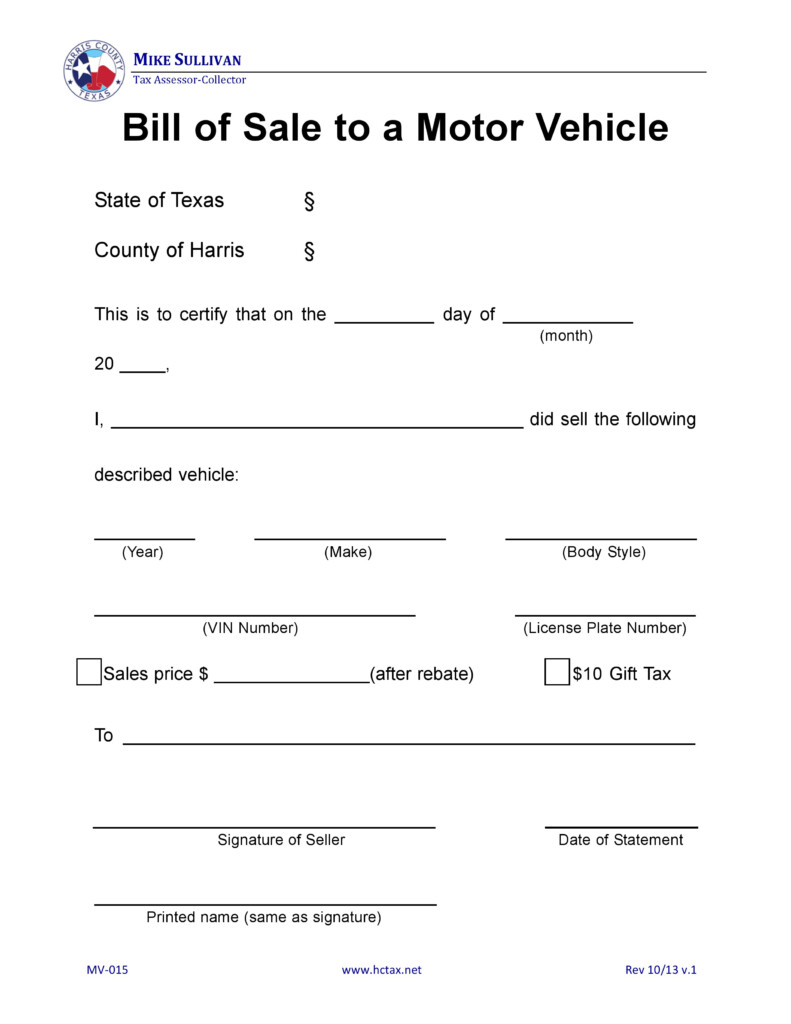 Free Harris County Texas Motor Vehicle Bill Of Sale MV 015 PDF DOCX