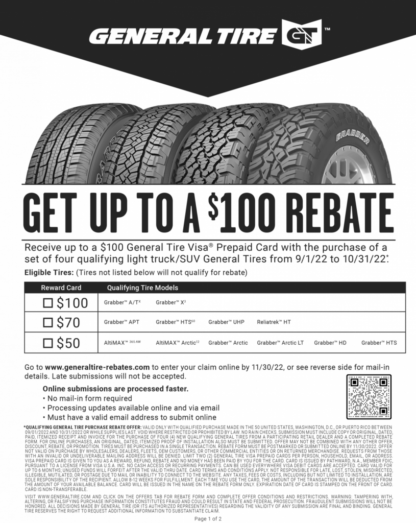 General Tire Rebate Get Up To 100 Rebate 9 1 22 10 31 22 