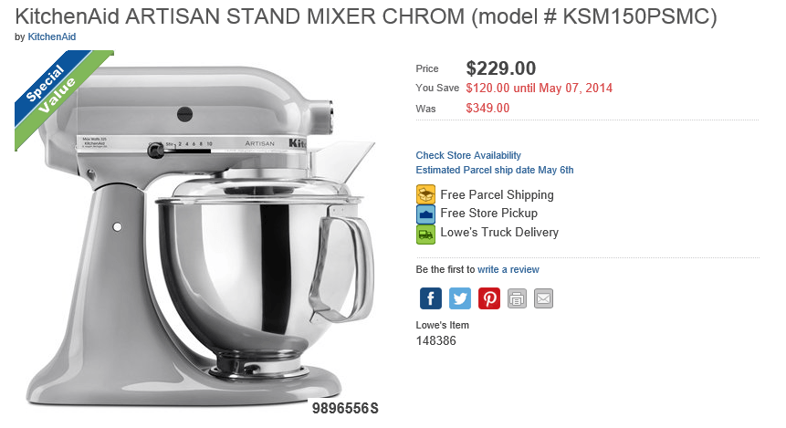 Lowes Canada Mother s Day Kitchenaid Artisan Stand Mixer Chrome For 