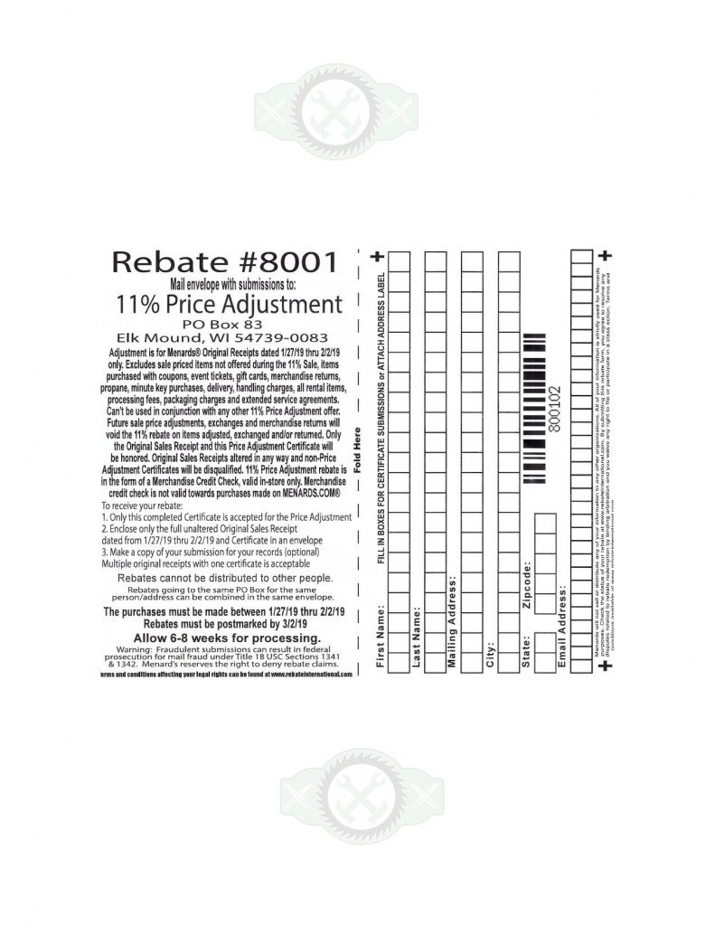 Menards 11 Price Adjustment Rebate 8001 Purchases 1 27 19 2 2 19