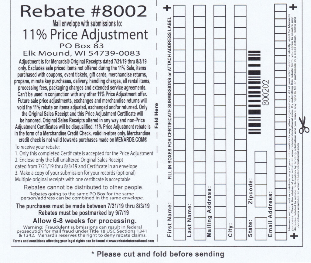 Menards 11 Price Adjustment Rebate 8002 Purchases 7 21 19 8 3 19