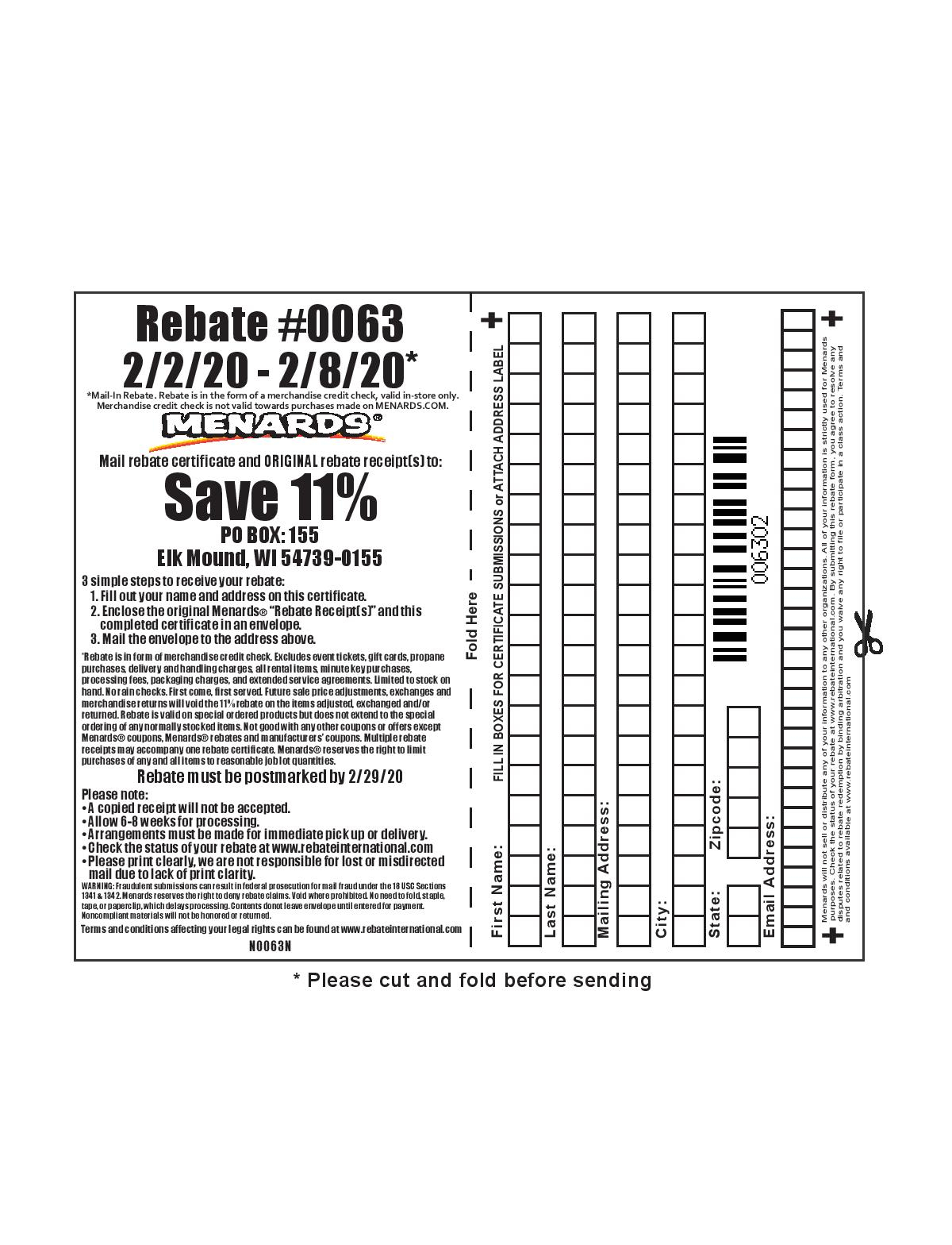 Menards 11 Rebate 0063 Purchases 2 2 20 2 8 20