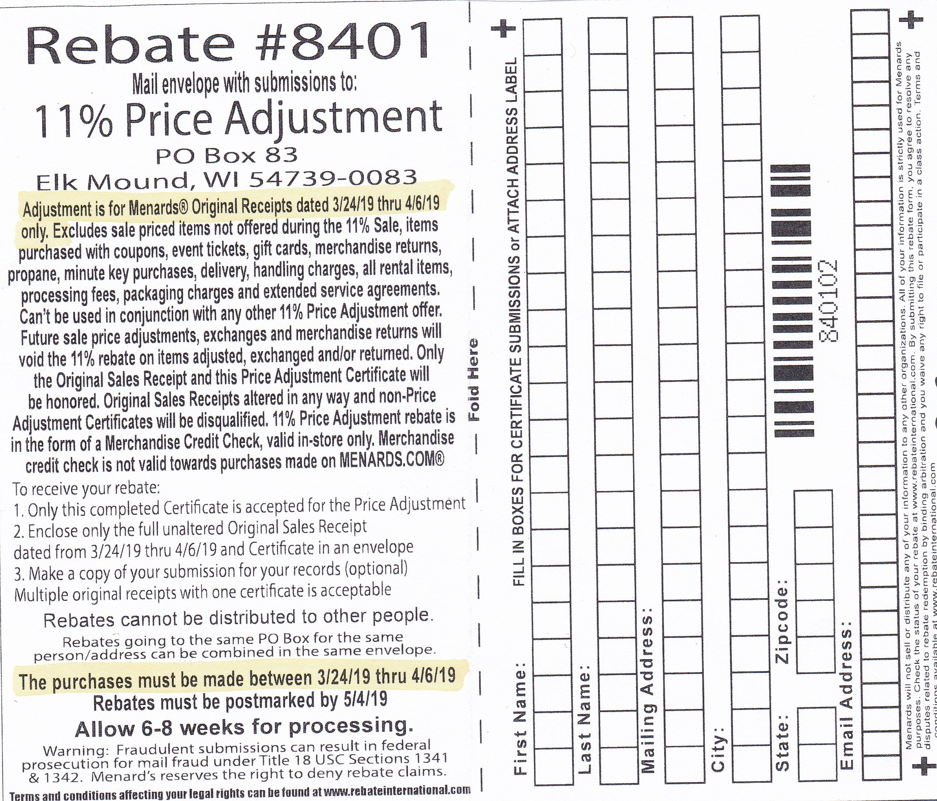 Menards Price Adjustment Rebate 8401