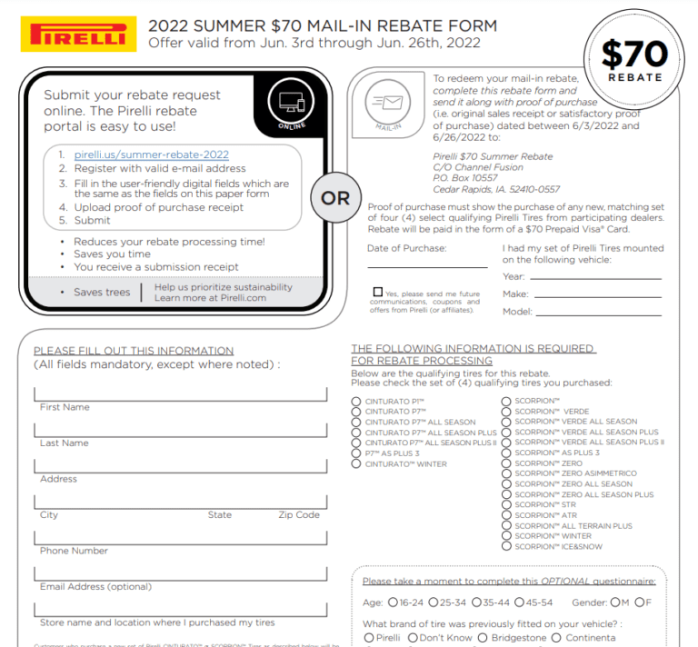 Pirelli Tires Rebate 2022 Printable Rebate Form