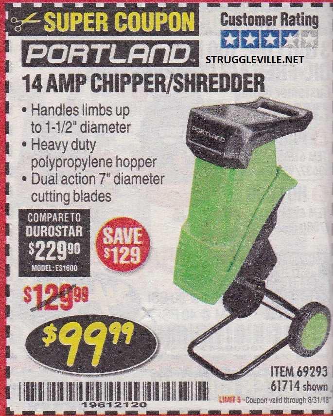 Portland 14 Amp Chipper Shredder Expires 8 31 18 69293 61714