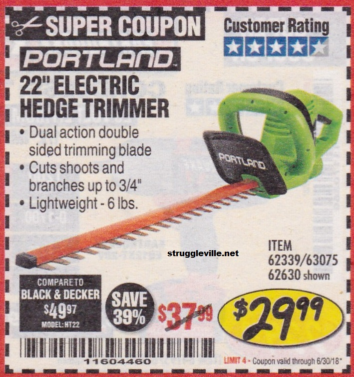 Portland 22 Electric Hedge Trimmer Expires 6 30 18