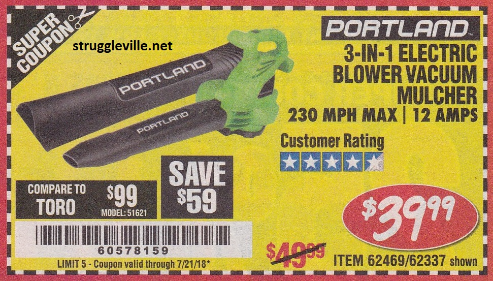 Portland 3 In 1 Electric Blower Vacuum Mulcher Expires 7 21 18 