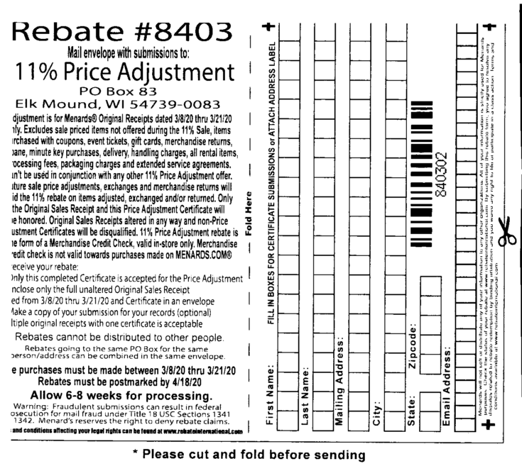 Printable Menards Rebates Price Adjustment Form Shopping Kim