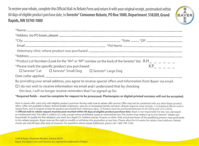 Seresto Rebate Form 2023 Printable Rebate Form