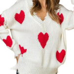 Women Red Christmas Sweater Long Sleeve V Neck Knit Top Casual Heart