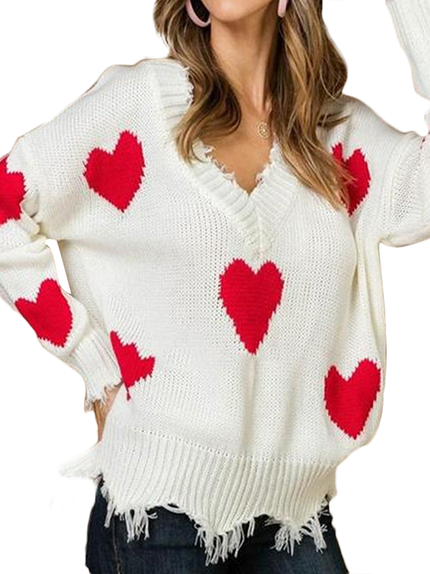 Women Red Christmas Sweater Long Sleeve V Neck Knit Top Casual Heart 